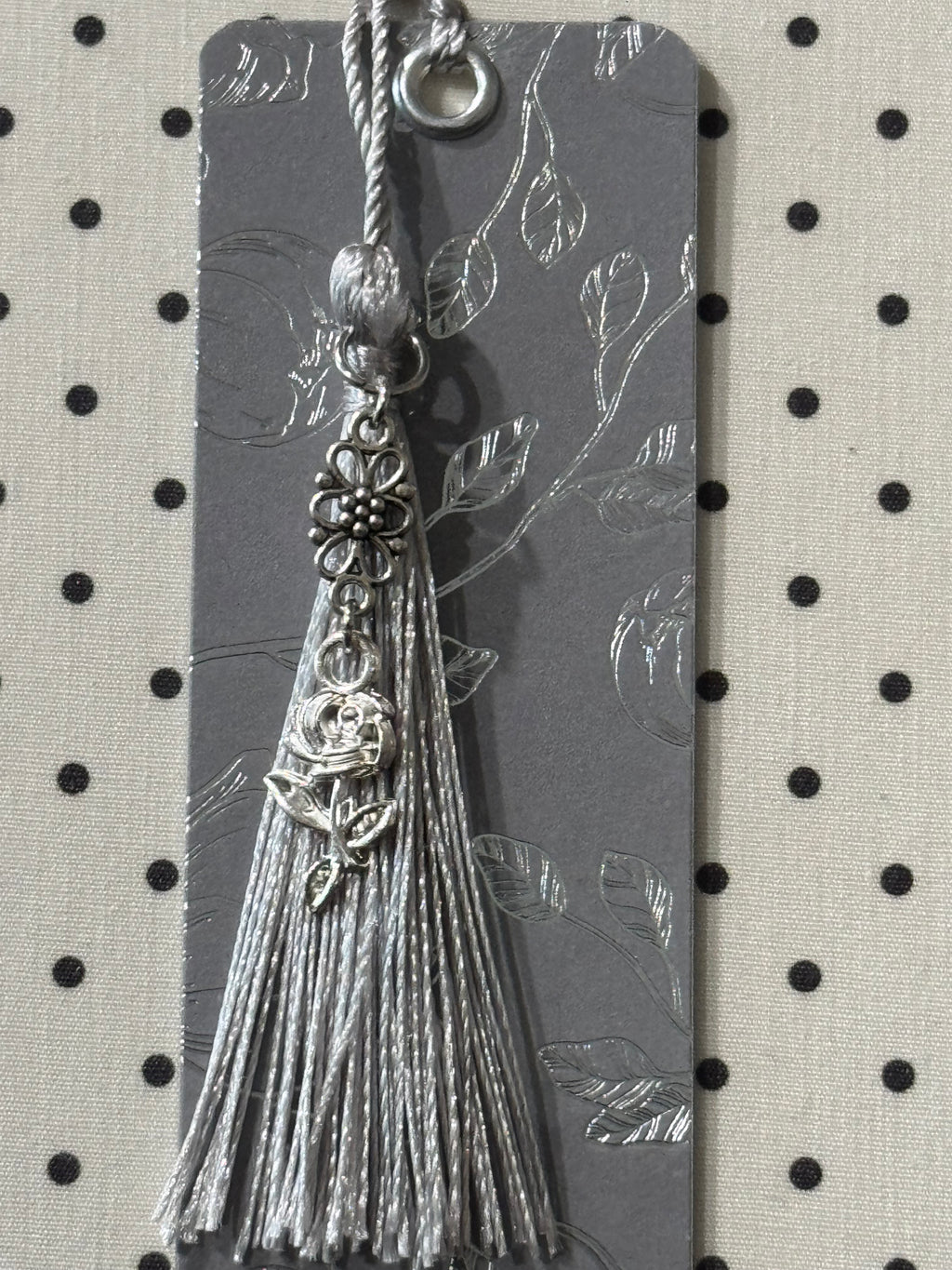 Silver Bloom Laminated Tassel Bookmark - 5.5” Double-Sided