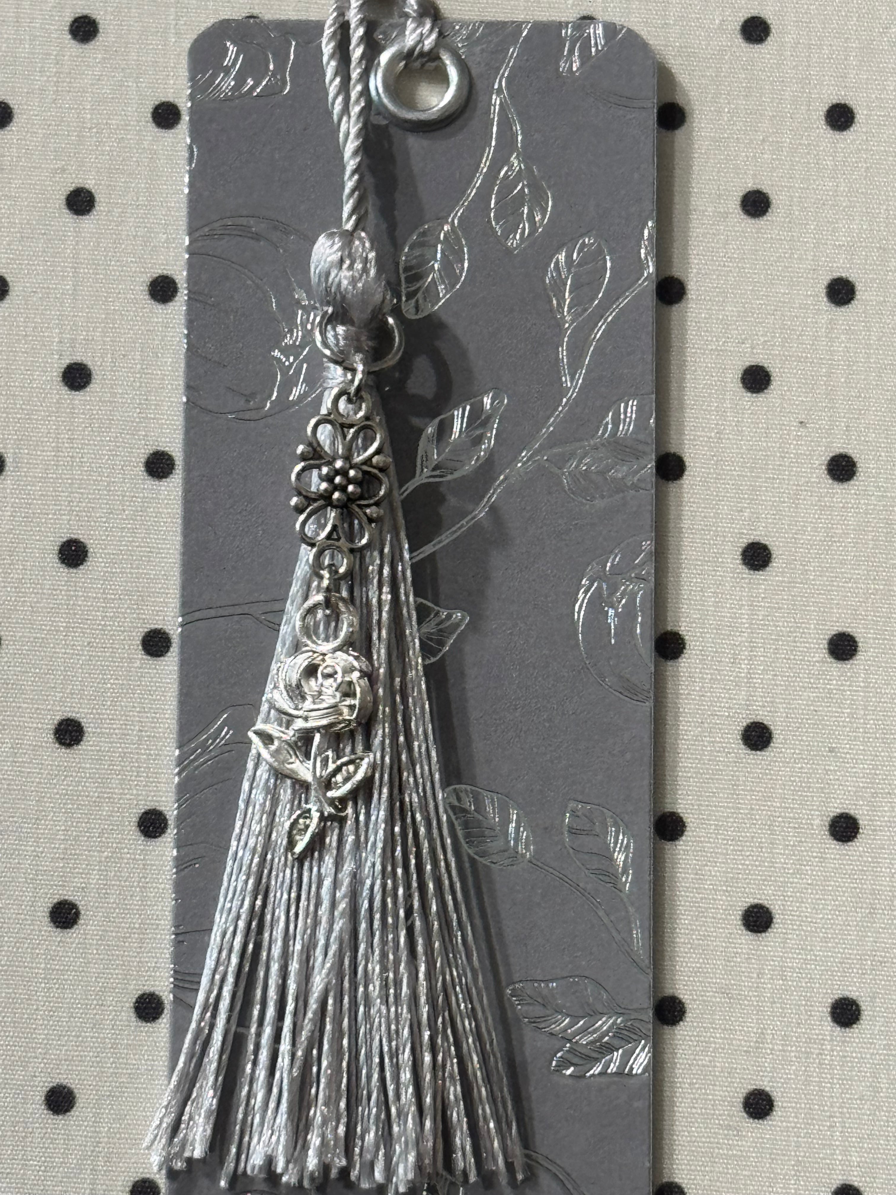 Silver Bloom Laminated Tassel Bookmark - 5.5” Double-Sided