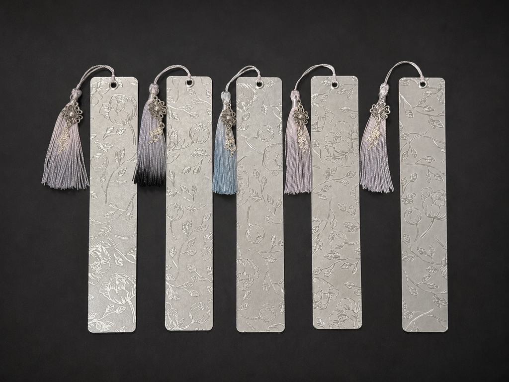 Silver Bloom Laminated Tassel Bookmark - 8” Double-Sided