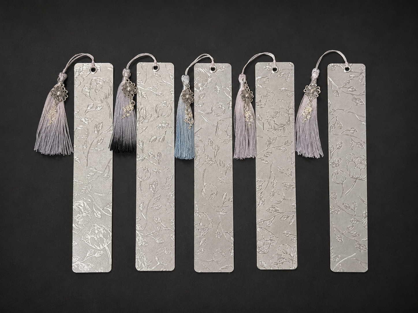 Silver Bloom Laminated Tassel Bookmark - 8” Double-Sided
