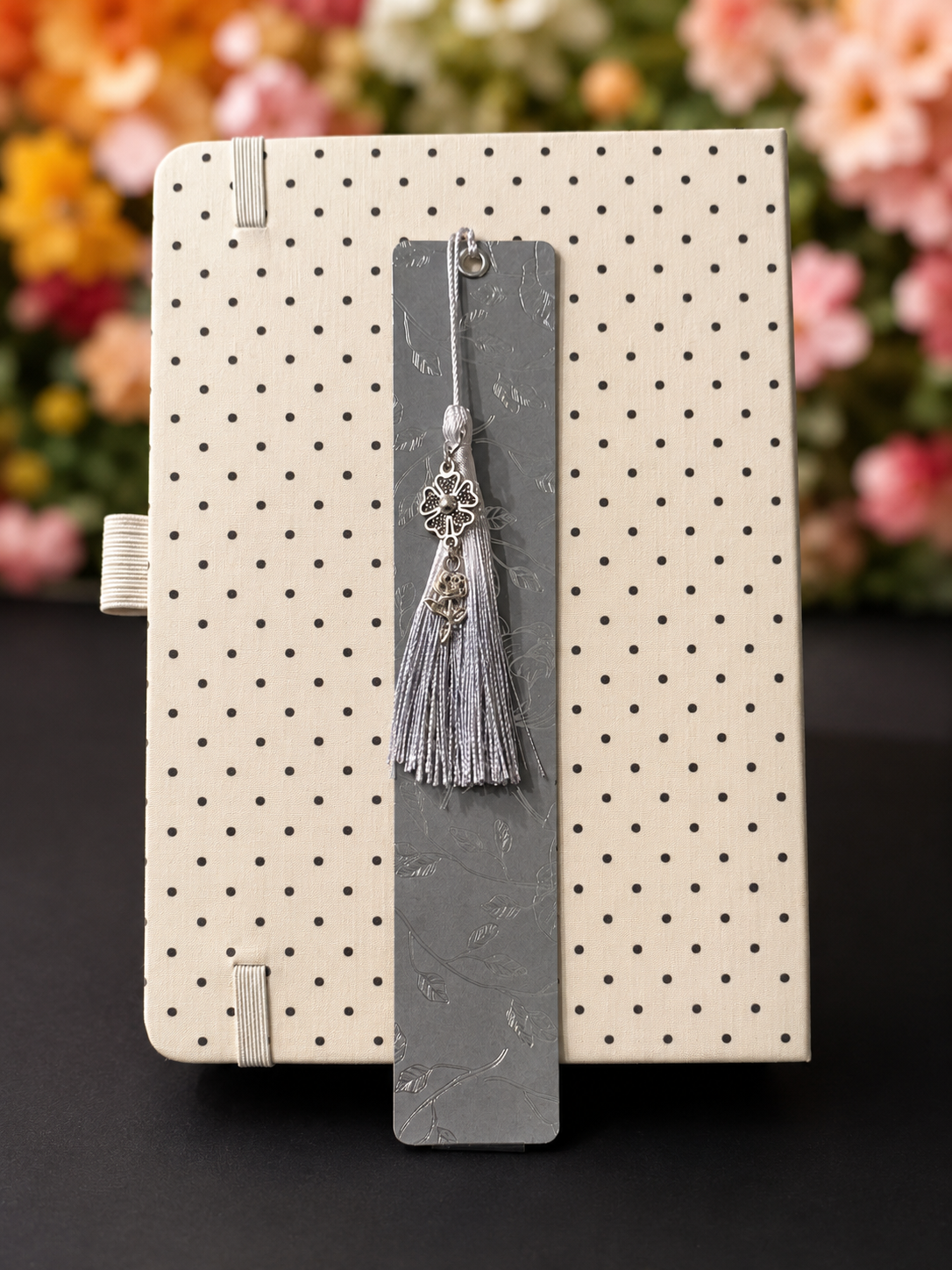 Silver Bloom Laminated Tassel Bookmark - 8” Double-Sided