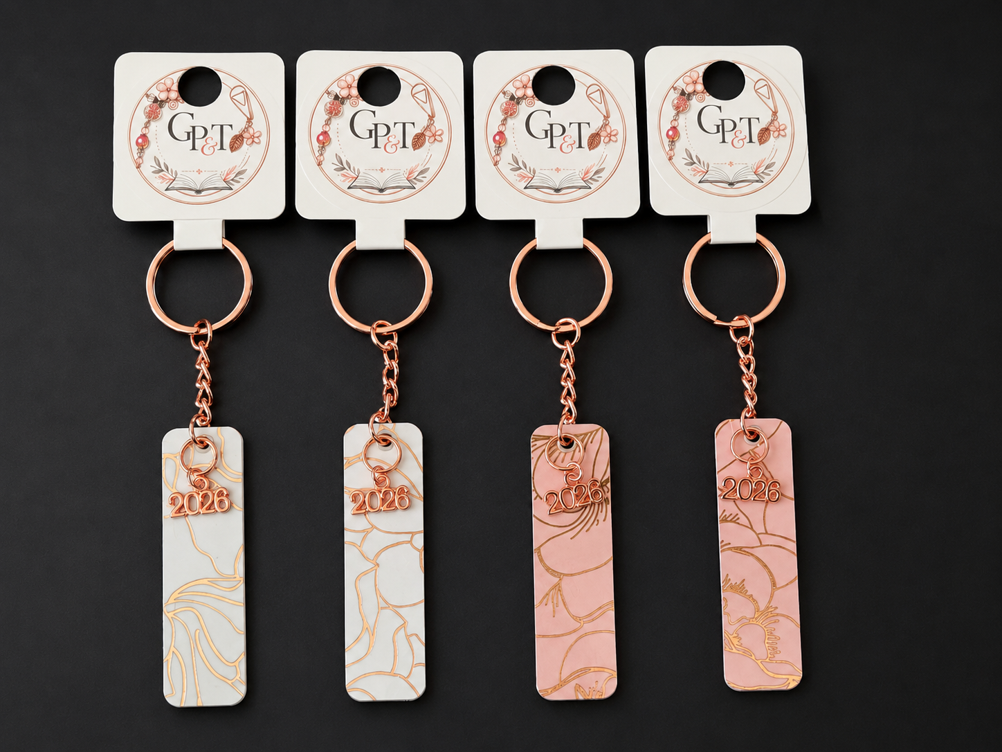Rosé Golden Petals "2026" Mini Bookmark Keychain - 2.5" Double-Sided Laminated Keepsake