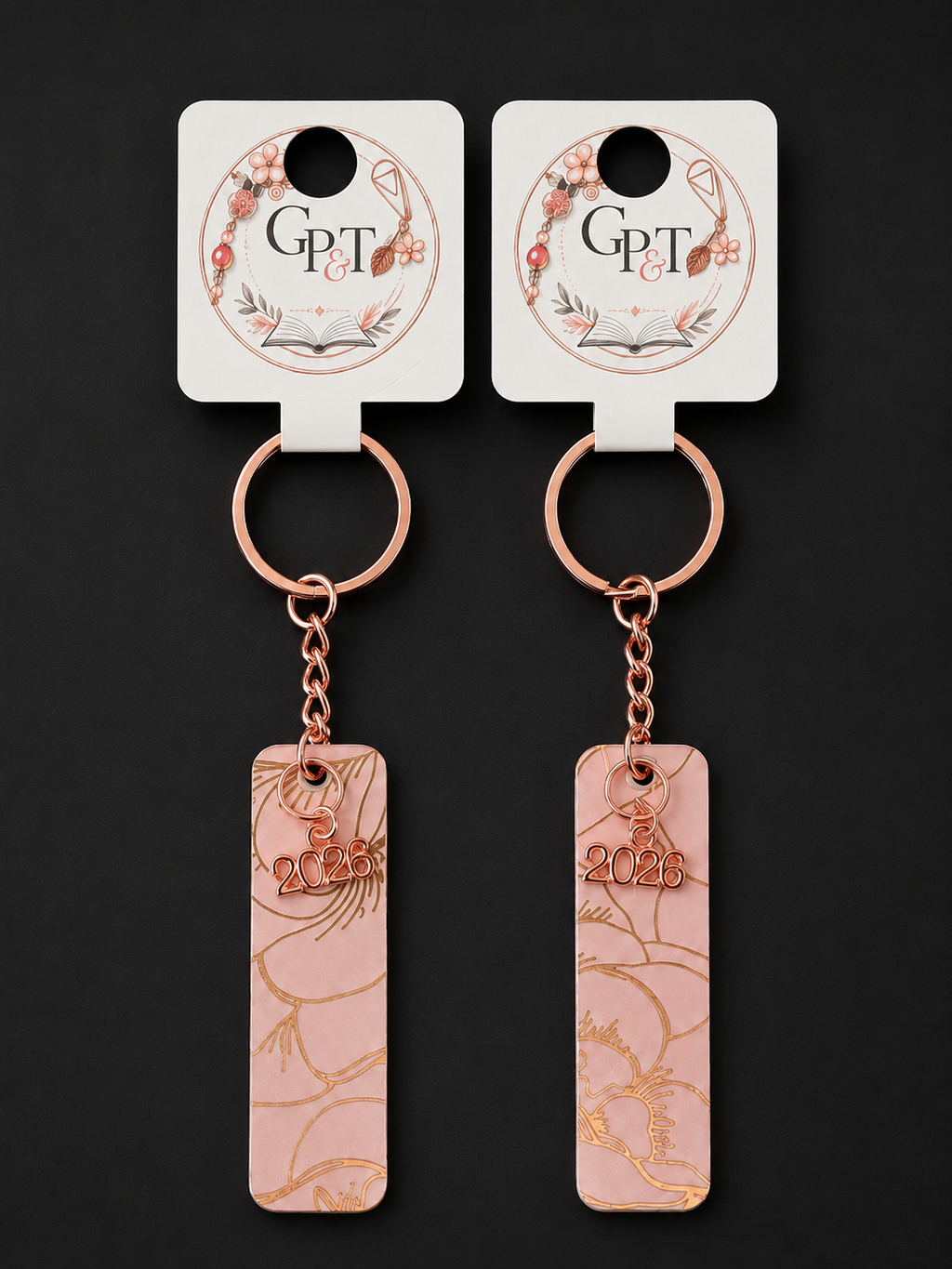 Rosé Golden Petals "2026" Mini Bookmark Keychain - 2.5" Double-Sided Laminated Keepsake