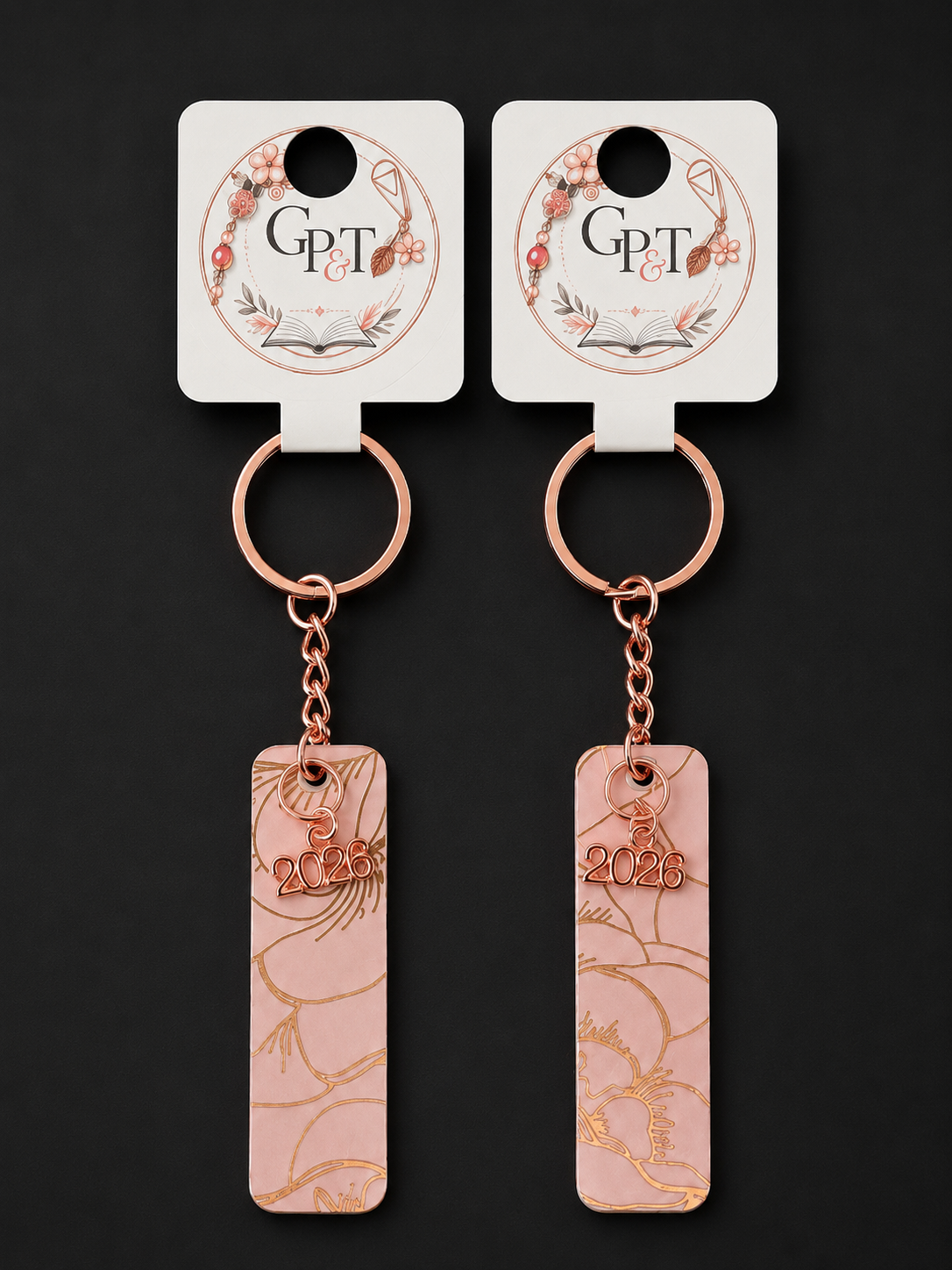 Rosé Golden Petals "2026" Mini Bookmark Keychain - 2.5" Double-Sided Laminated Keepsake