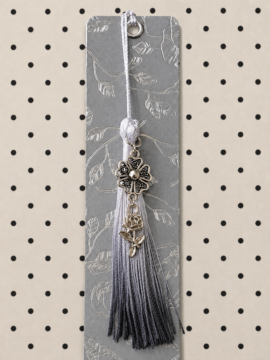 Silver Bloom Laminated Tassel Bookmark - 8” Double-Sided