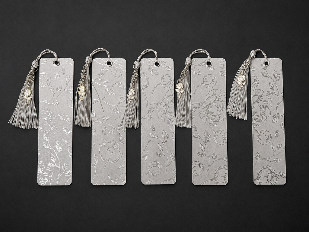 Silver Bloom Laminated Tassel Bookmark - 5.5” Double-Sided