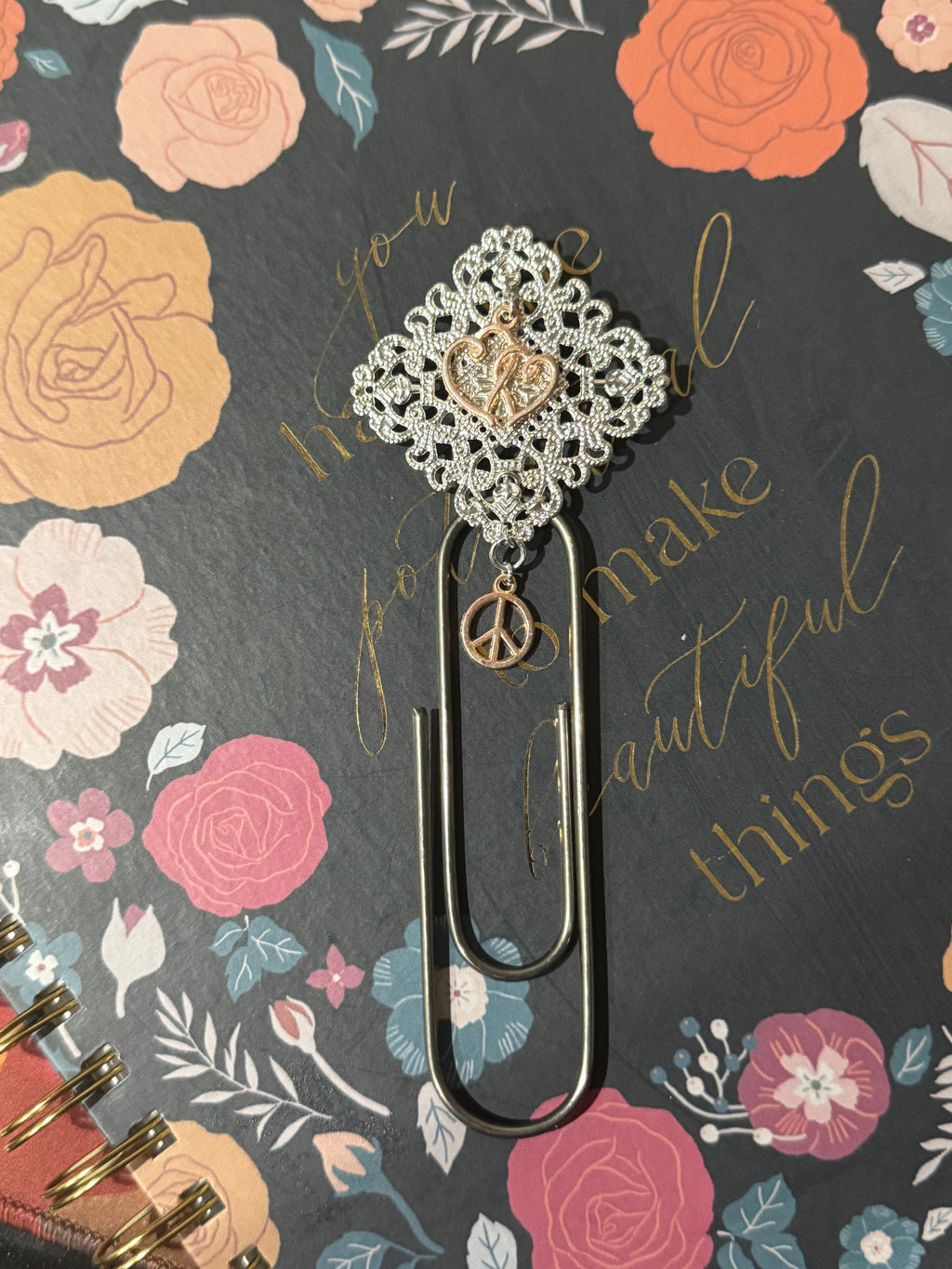 Peace & Love Silver Filigree Paperclip Bookmark - 4"