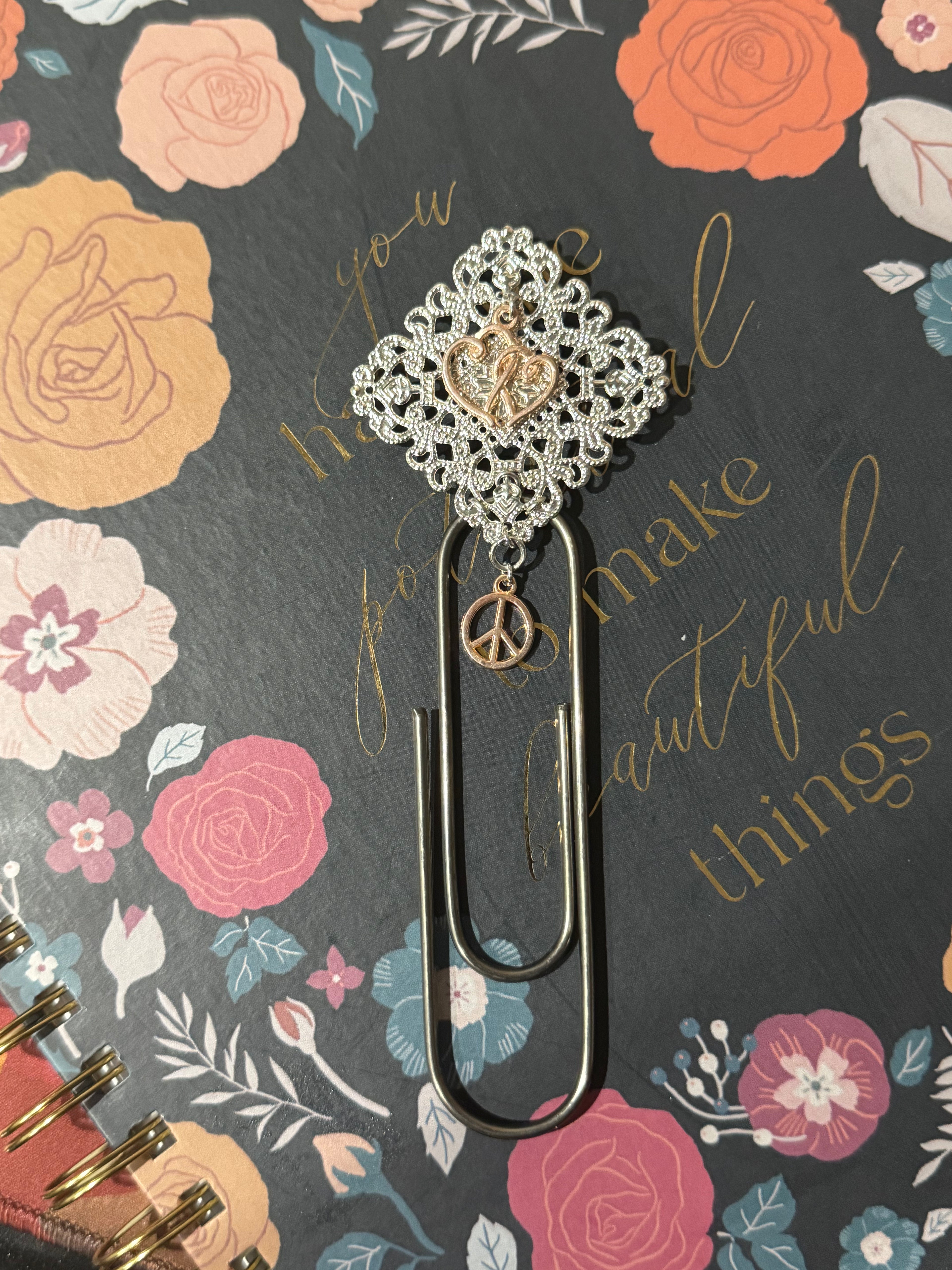 Peace & Love Silver Filigree Paperclip Bookmark - 4"