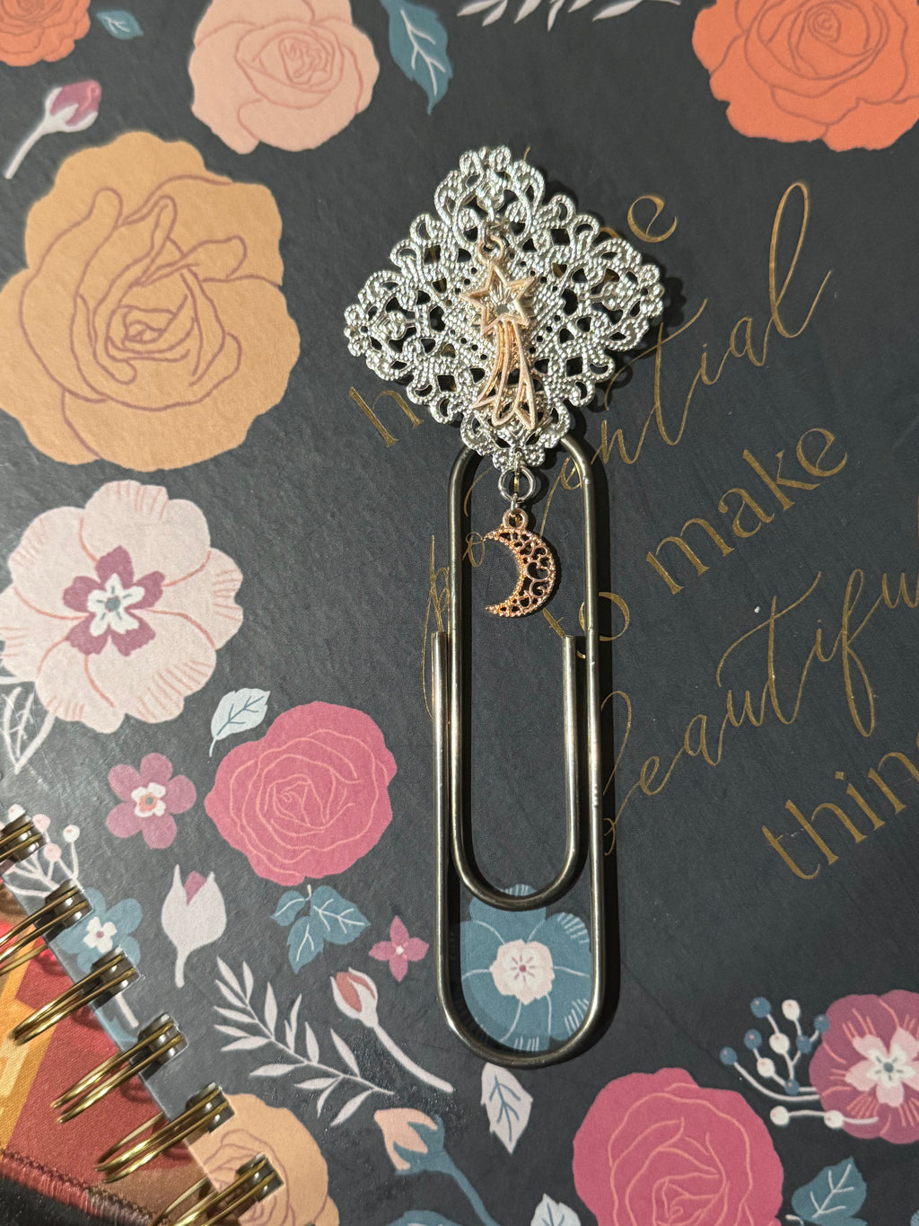 Celestial Moon Silver Filigree Paperclip Bookmark - 4"