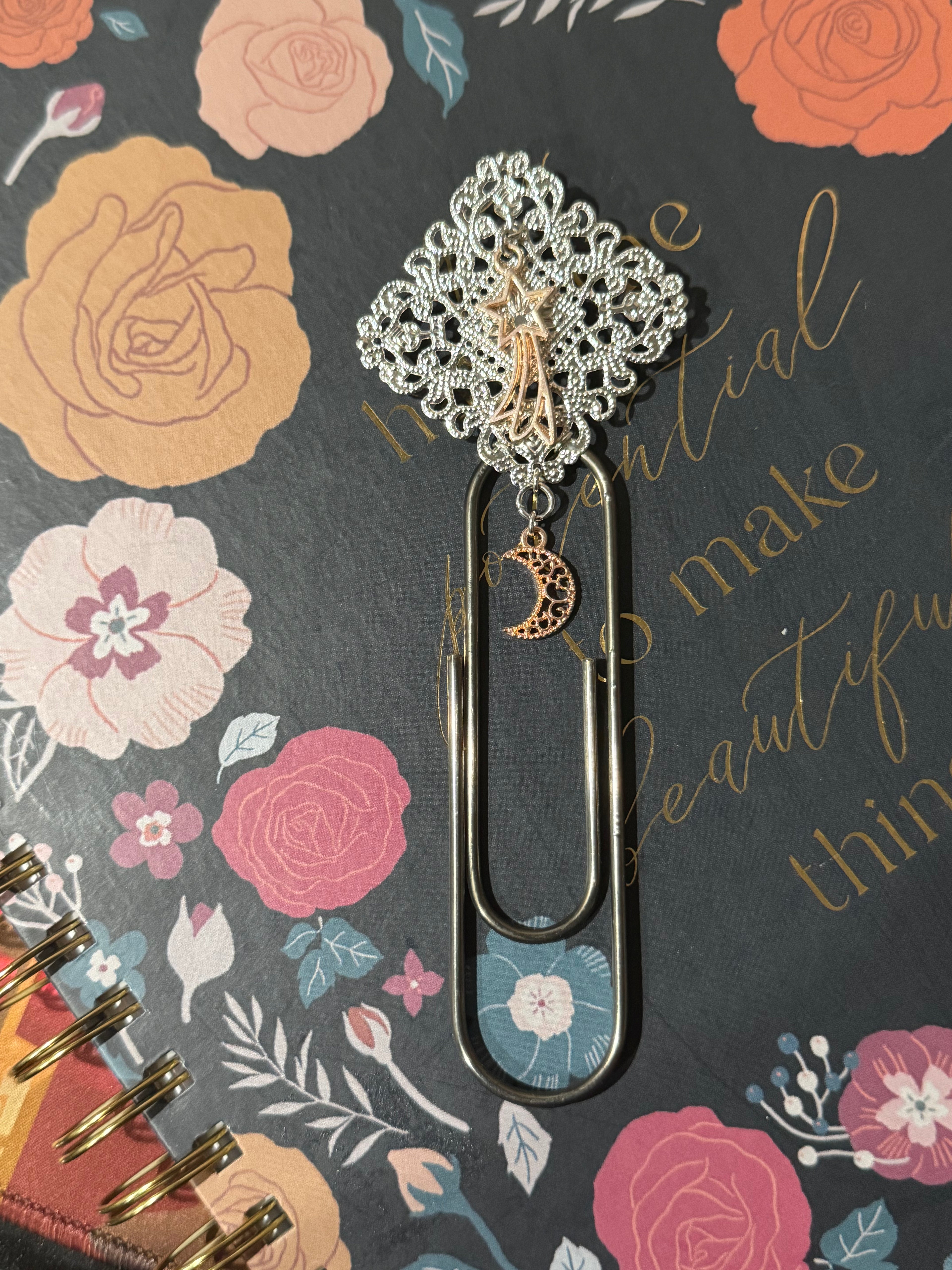 Celestial Moon Silver Filigree Paperclip Bookmark - 4"