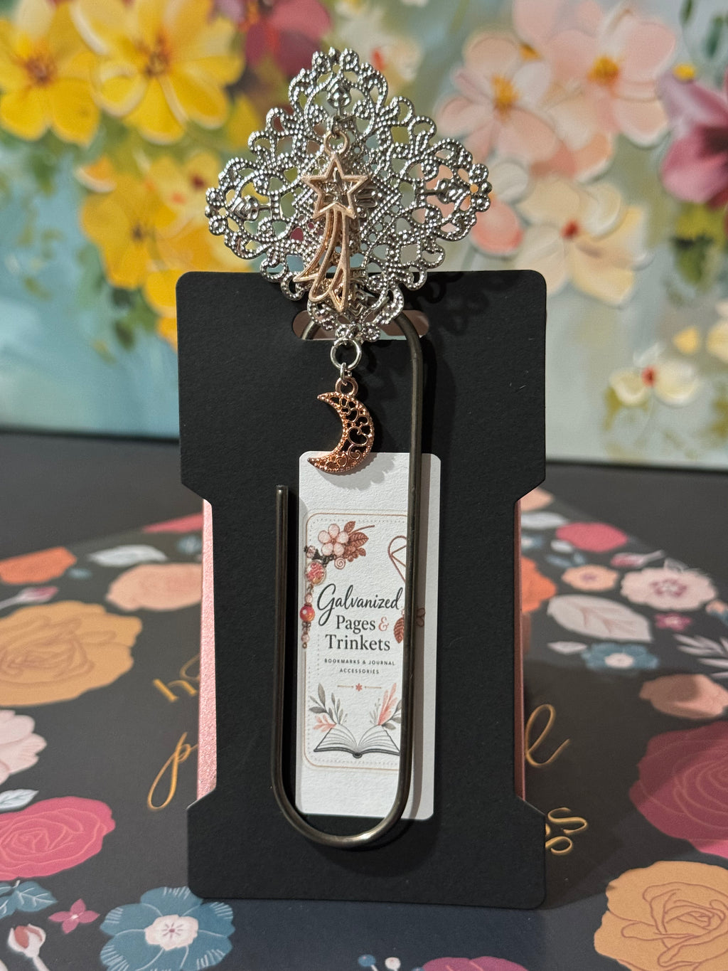 Celestial Moon Silver Filigree Paperclip Bookmark - 4"