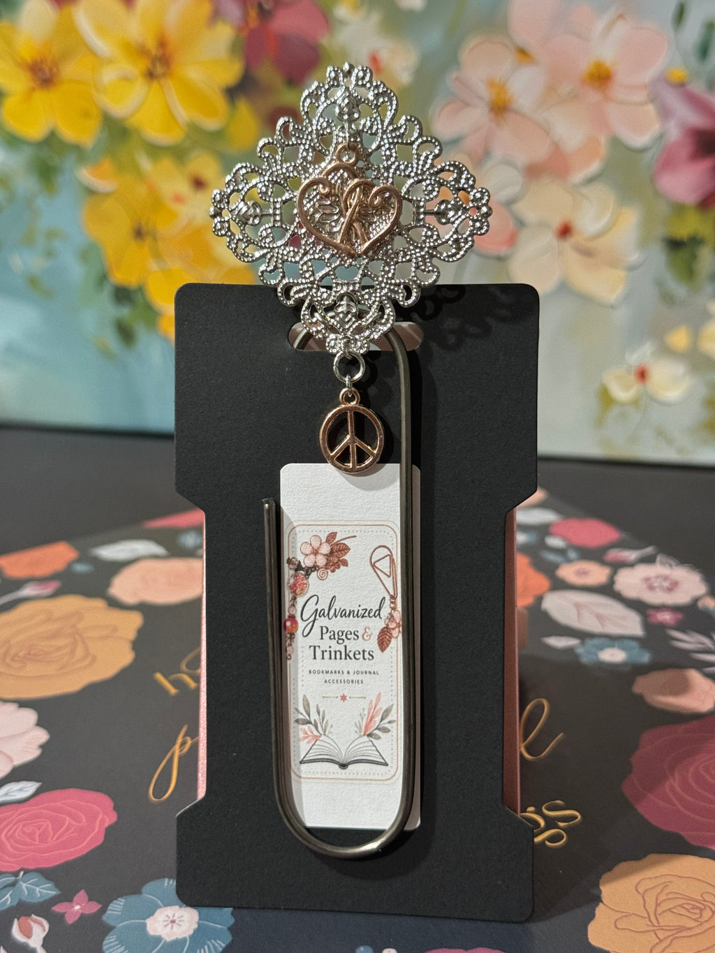 Peace & Love Silver Filigree Paperclip Bookmark - 4"