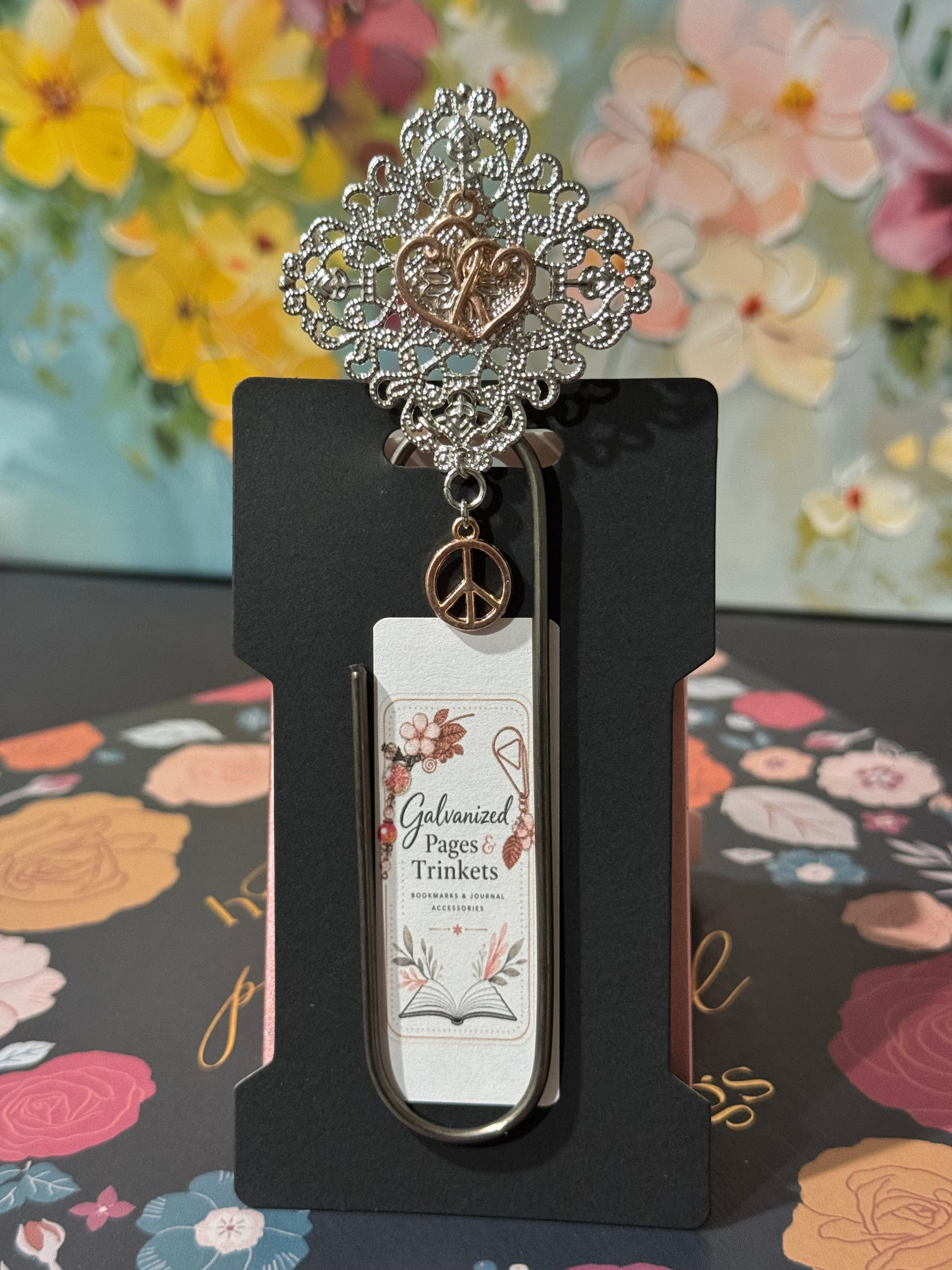Peace & Love Silver Filigree Paperclip Bookmark - 4"